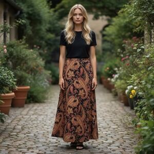 Worthington Petites Paisley Maxi Skirt 10P Black Rust Boho Y2K Lined Rayon